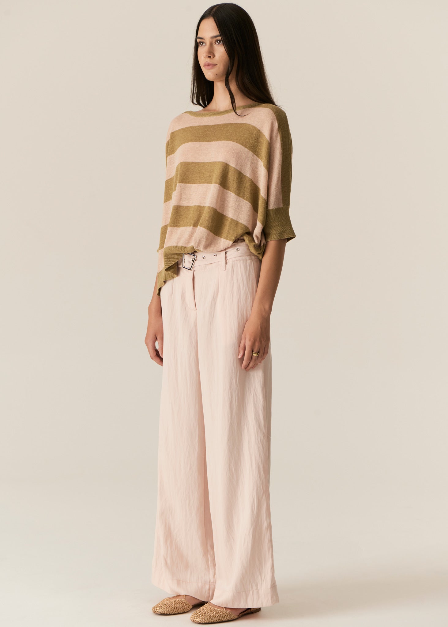 Pol Milton Stripe Knit Top Khaki/Pink