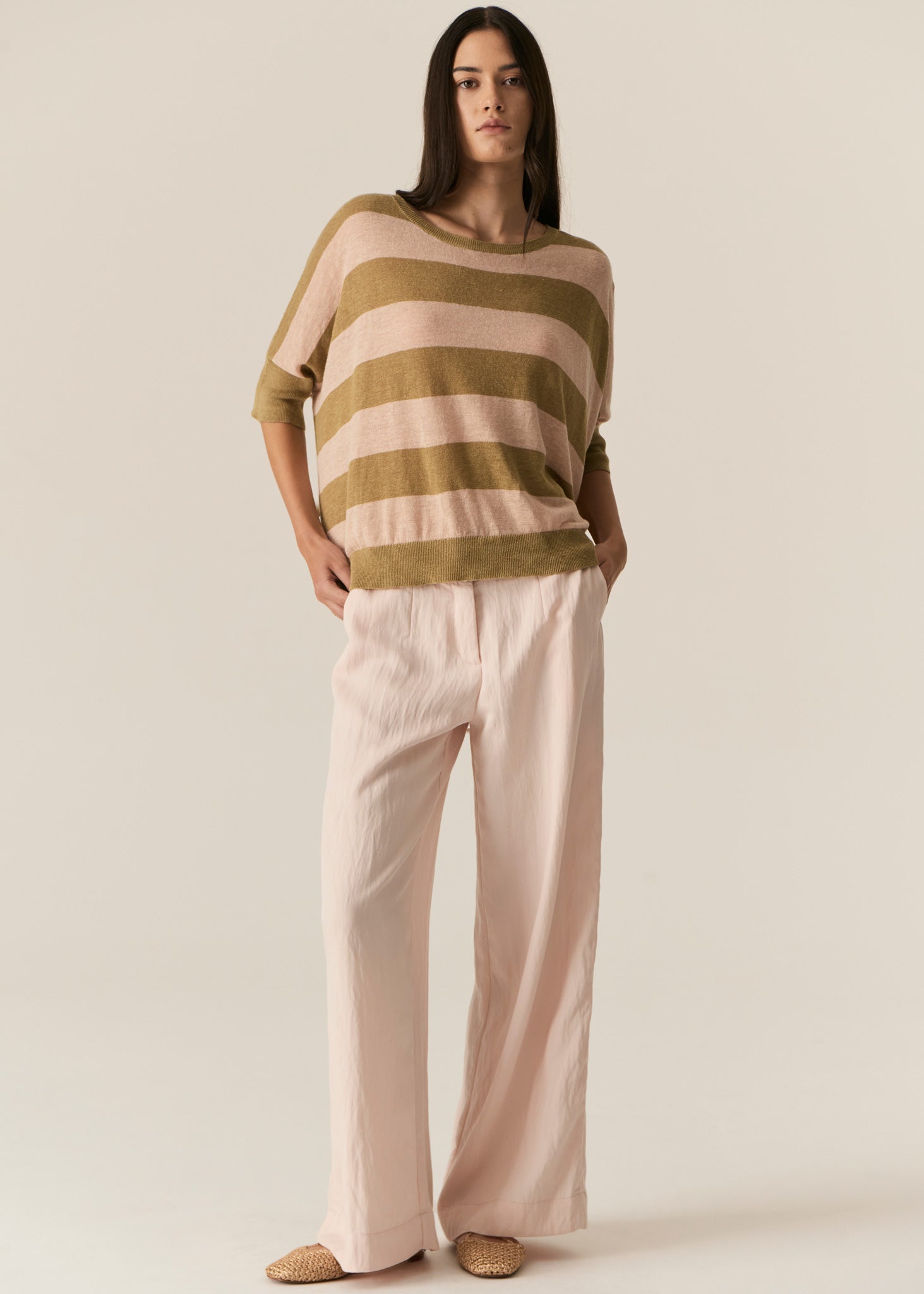 Pol Milton Stripe Knit Top Khaki/Pink