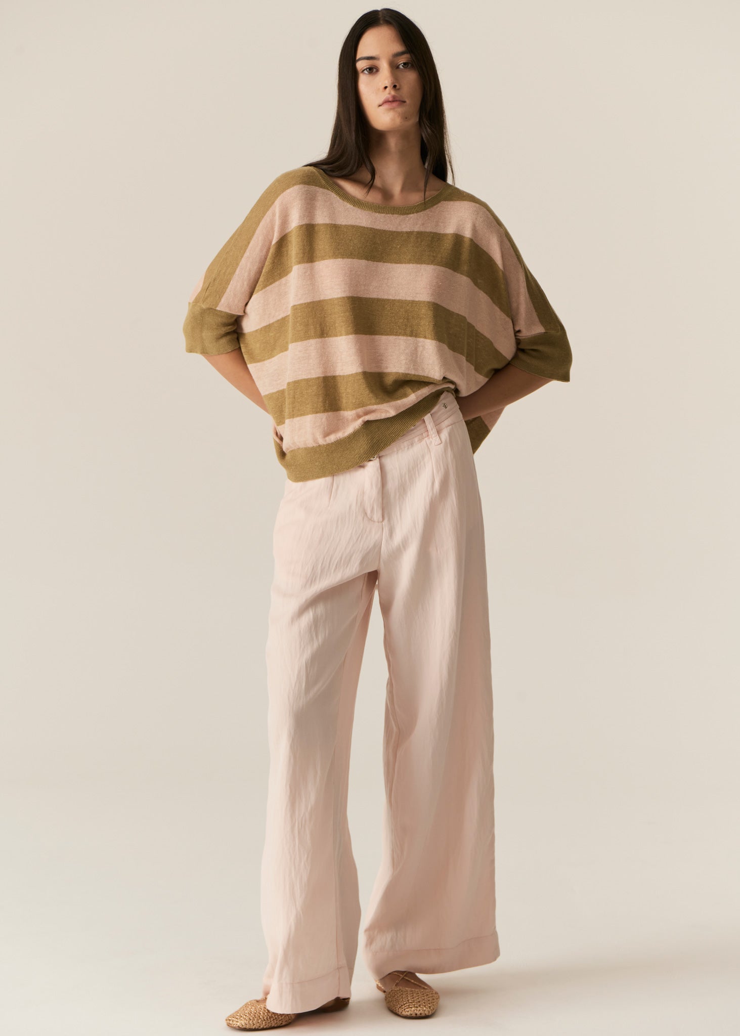 Pol Milton Stripe Knit Top Khaki/Pink