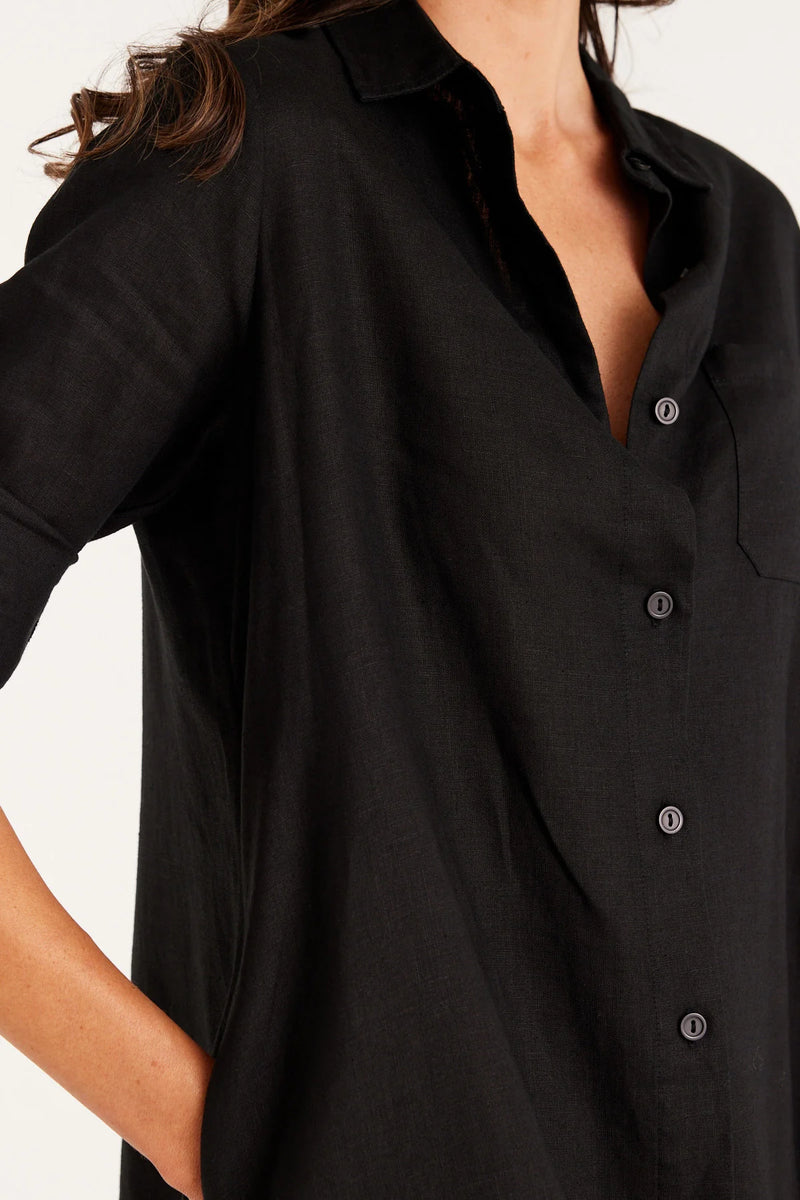 Cable Linen Shirt Dress Black