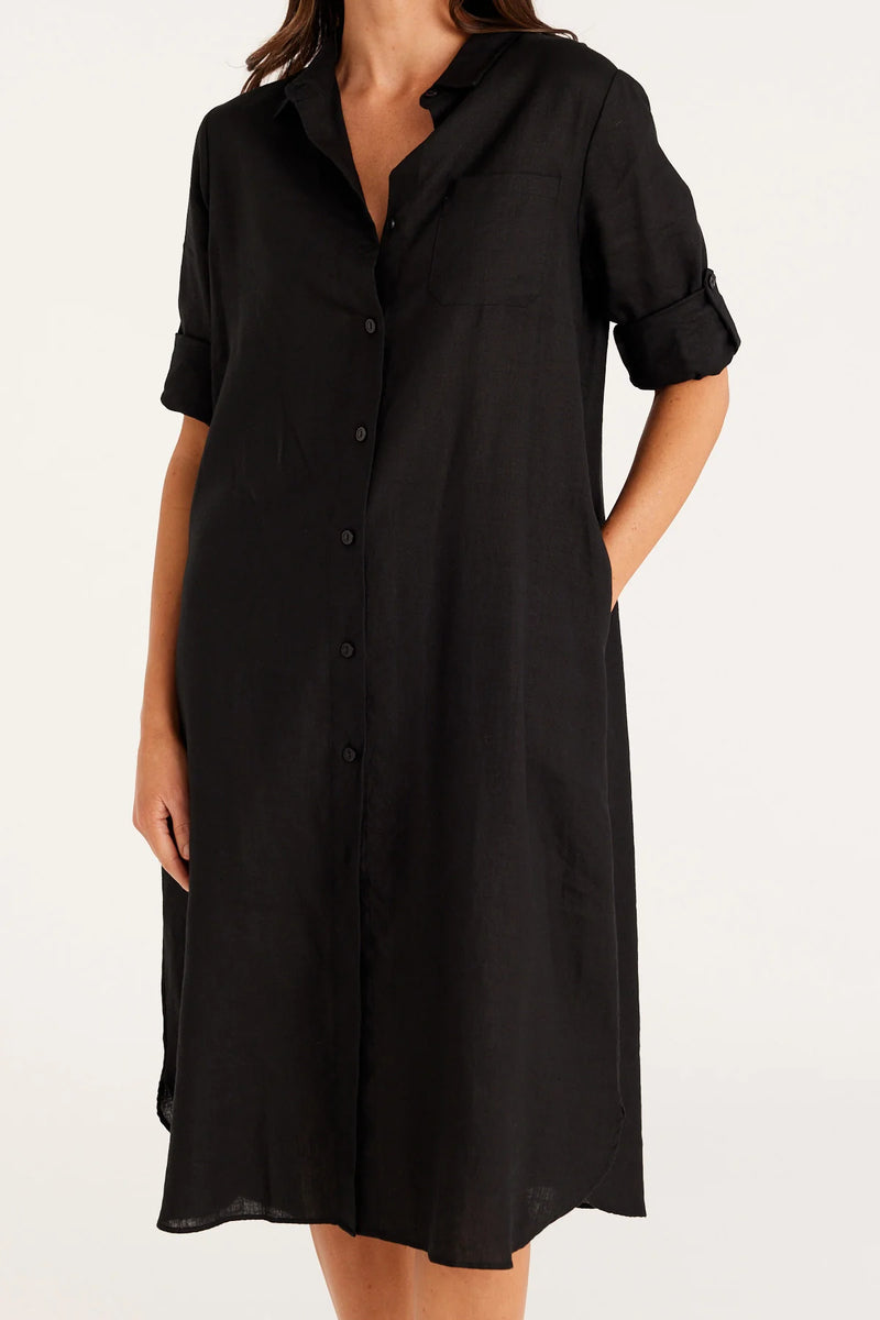 Cable Linen Shirt Dress Black