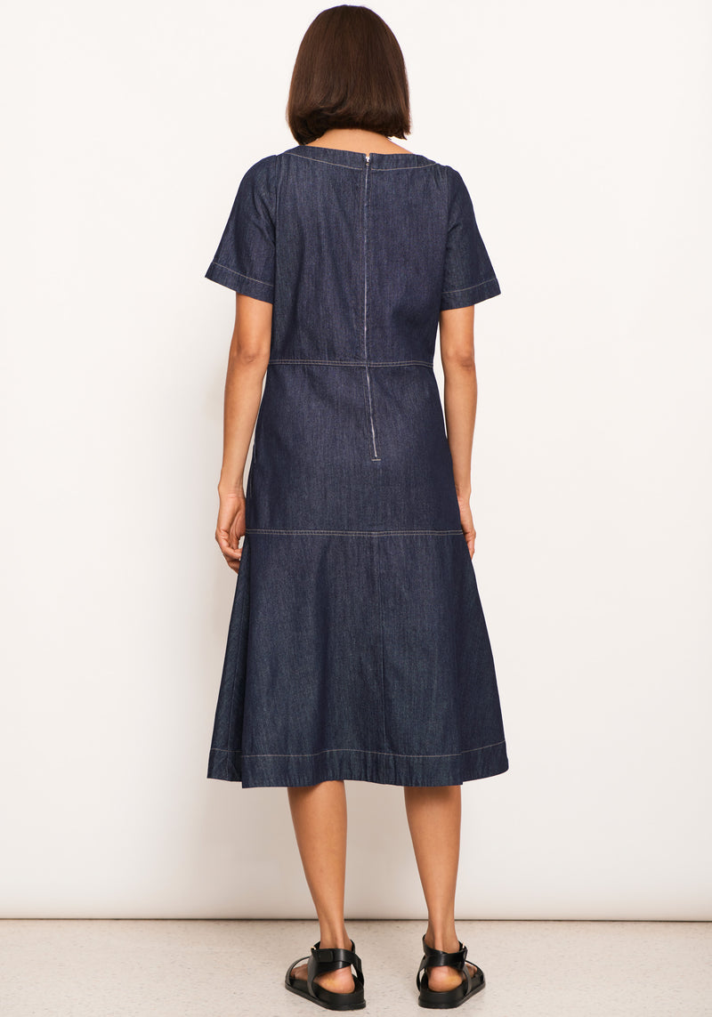 pol denim dress NWT POL Women's Denim Raffle Sleeve Tired Mini Dress