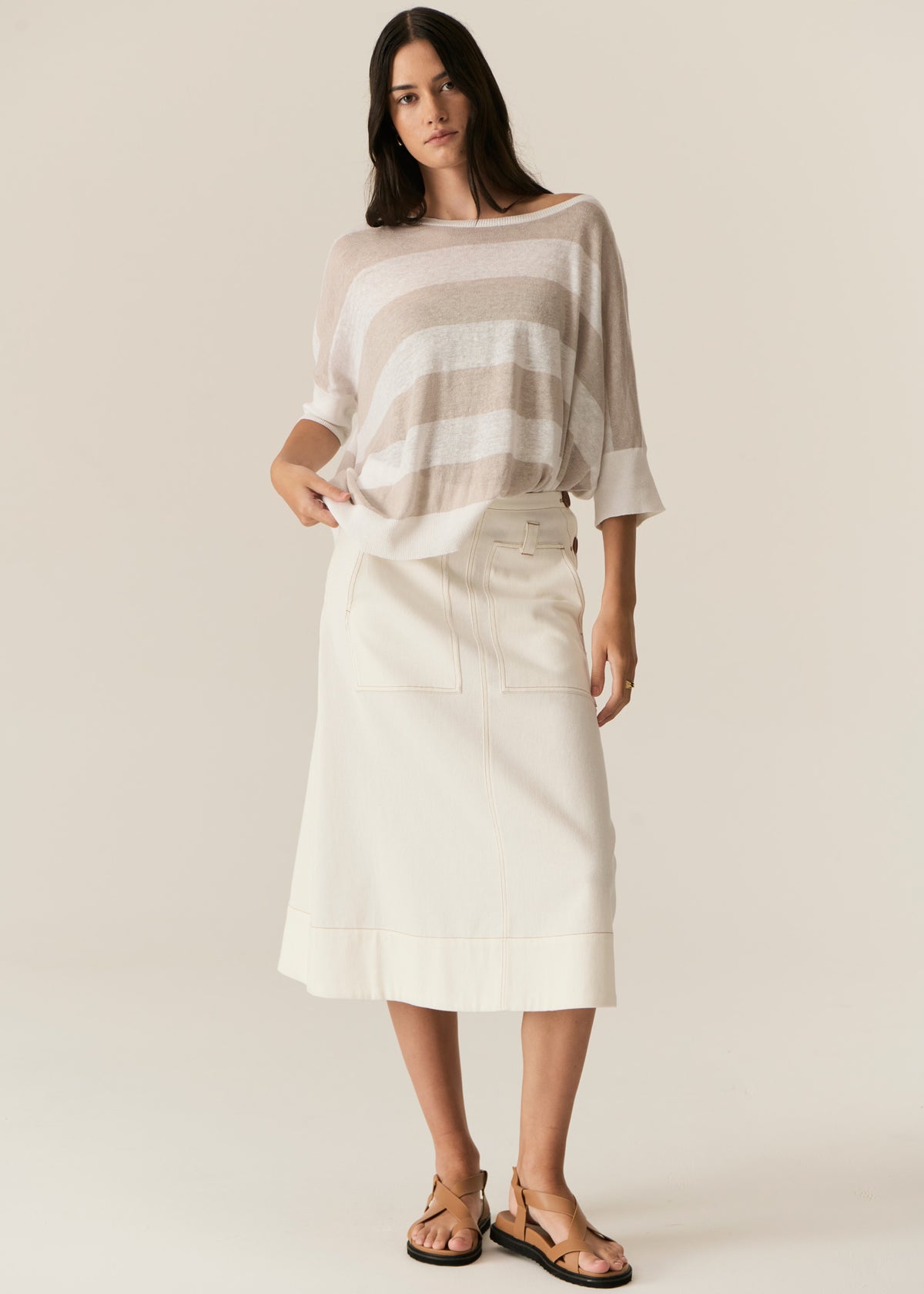 Pol Milton Stripe Knit Top White/Pebble