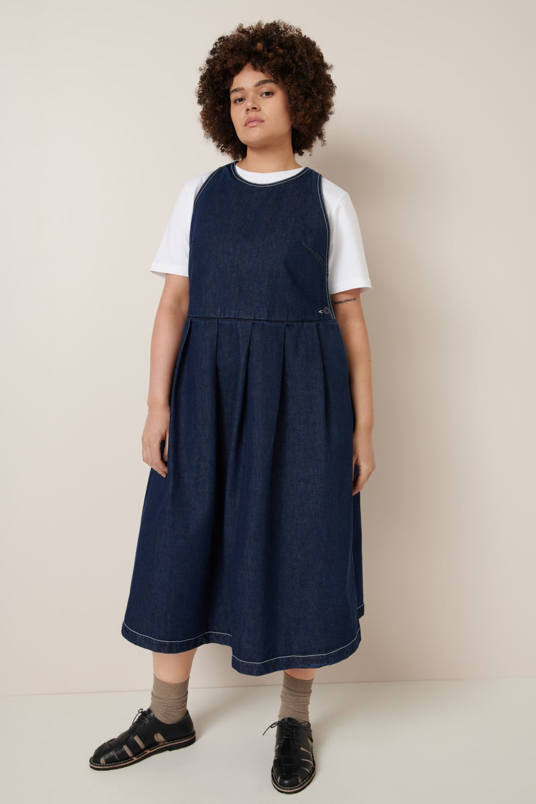 kowtow denim dress Kowtow Knotted Tie Dress - Striped Print Lightweight Denim