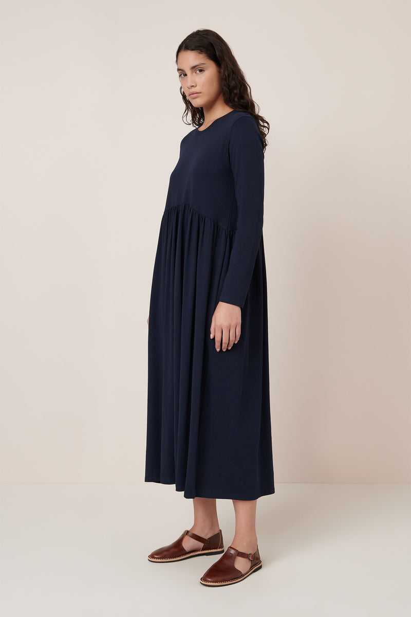 Kowtow Long Sleeve Gather Dress Navy